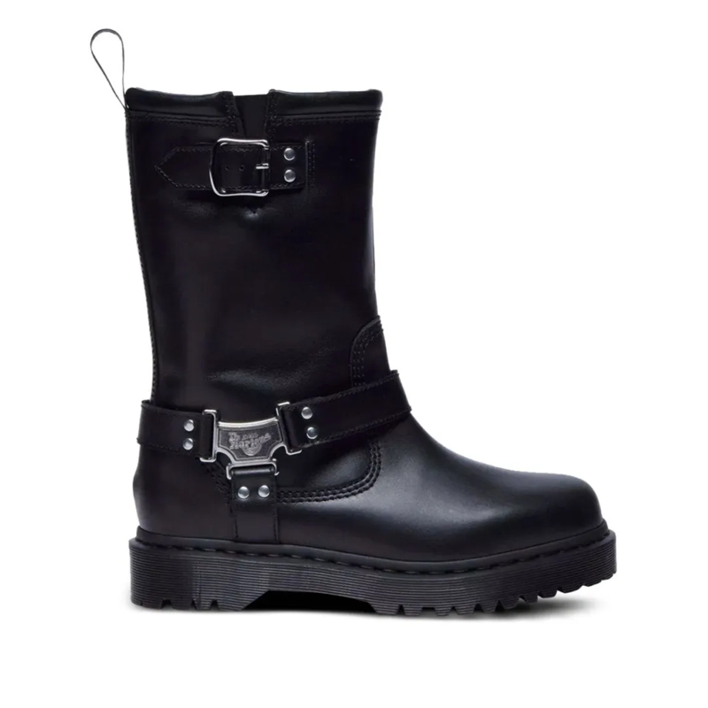 Dr. Martens Bottes Mid-Calf Black Leather Boots With Silver-Tone Hard Black
