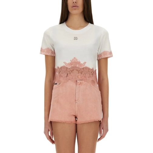 Dolce&Gabbana T-Shirts Cropped Jersey T-Shirt With Lace Inserts White