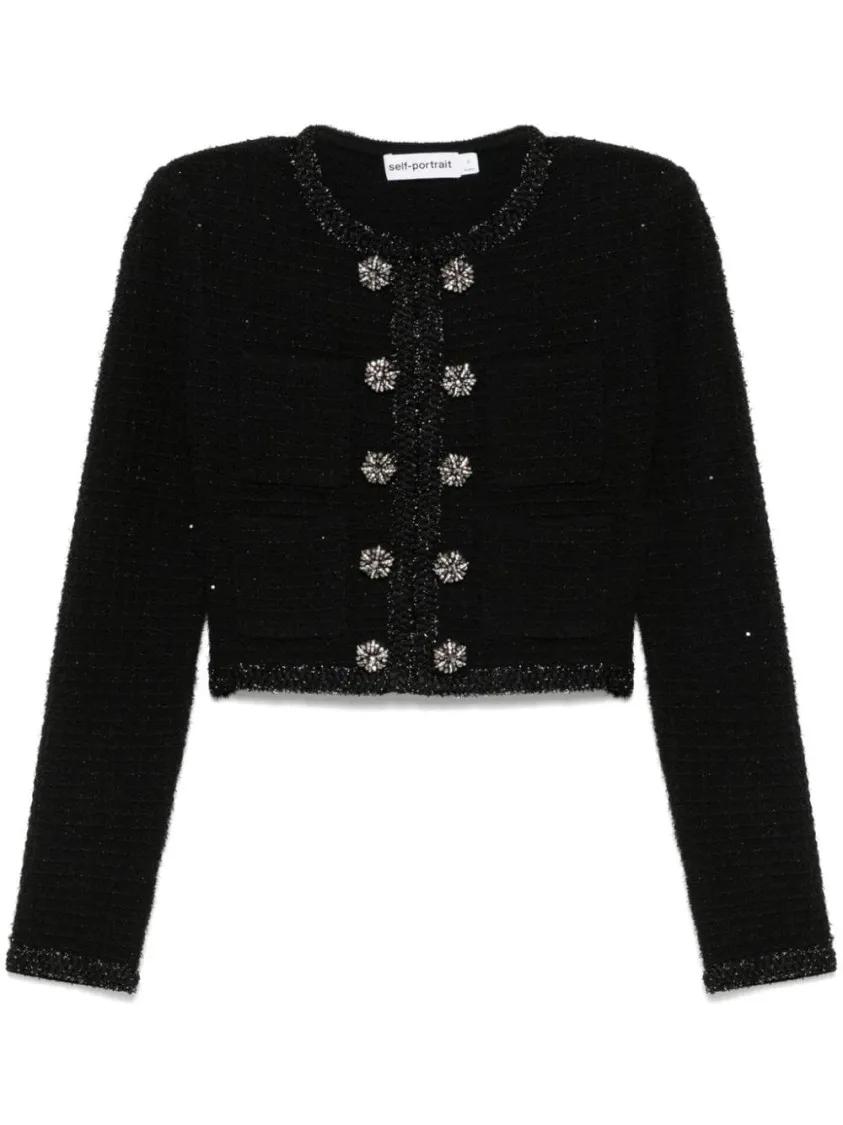 Thumbnail - self-portrait - Textured Knit Jacket - Größe L - schwarz