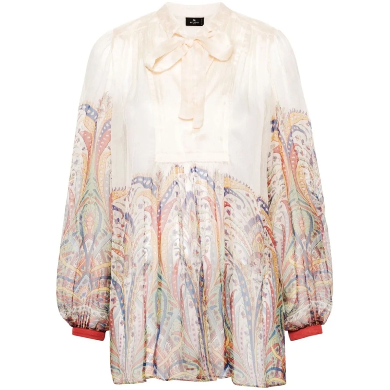 Etro Blouse Pussy-Bow Silk Organza Top Neutrals