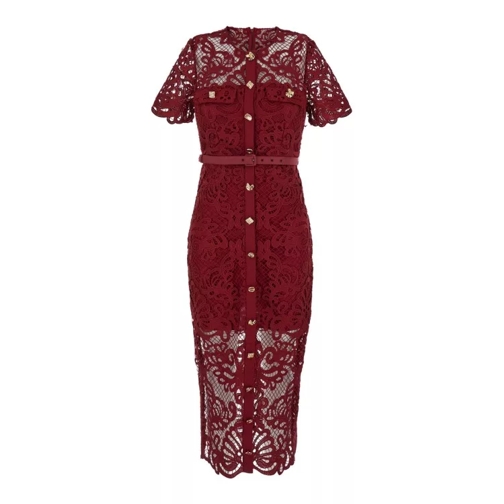 Self Portrait Red Guipure Lace Button Midi Dress Red 