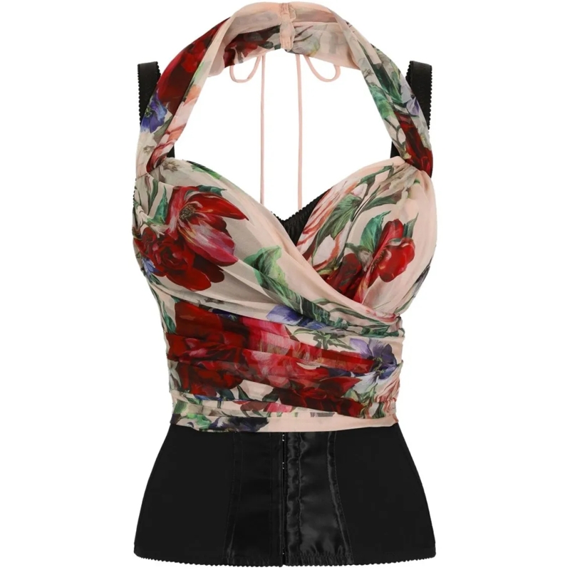 Dolce&Gabbana Top Multicolored Floral Bustier Top With Satin Base Multicolor