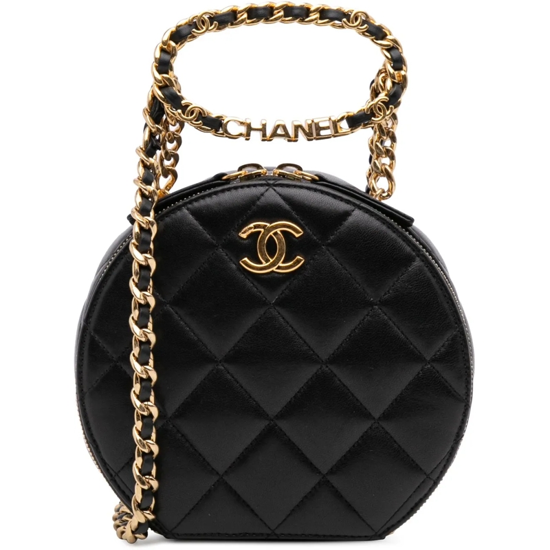 Chanel Sac à bandoulière Quilted Lambskin Oval Logo Chain Top Handle Round  schwarz