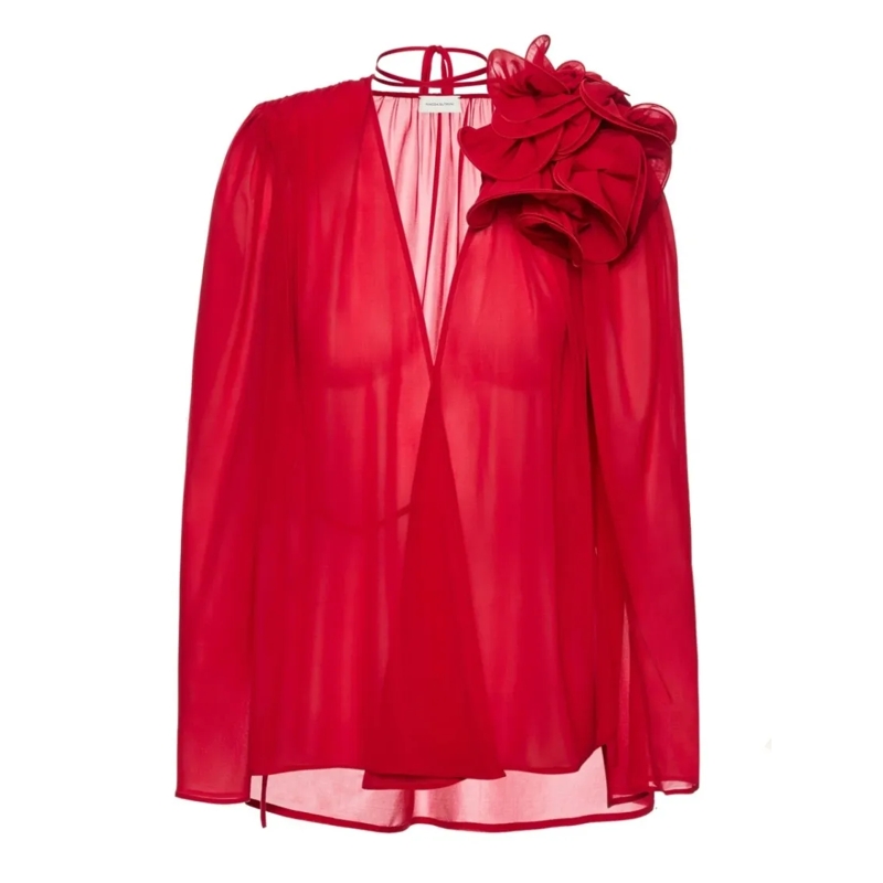 Magda Butrym Chemisier Sheer Blouse With Oversized Floral Embellishment Red