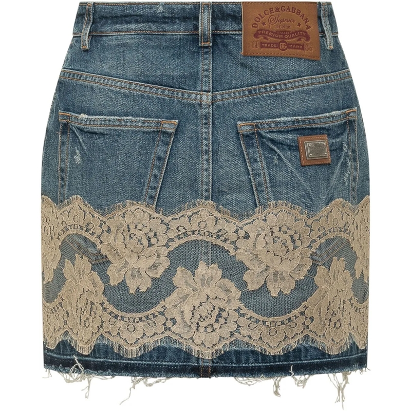 Dolce&Gabbana Minirock Gonna 5 Tasche in Denim con Inserto in Pizzo blau(Image 2)