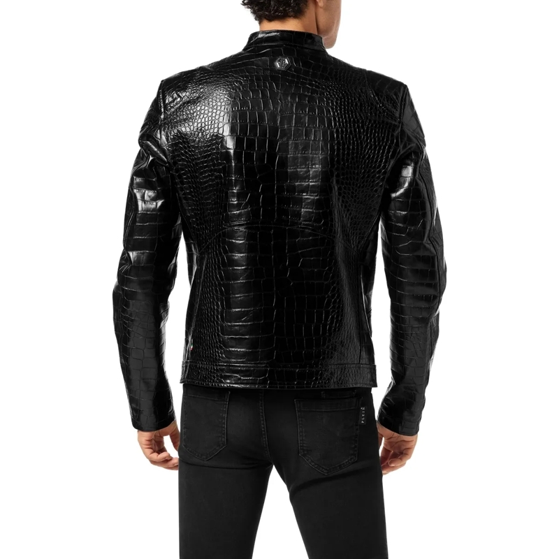 Philipp Plein Lederjacke Leather Moto Jacket Cocco Crocco Embossed schwarz