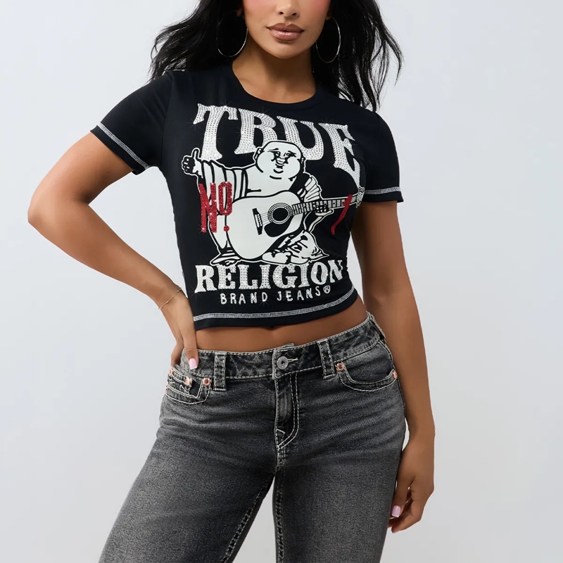 True Religion T-Shirt - Buddha-Print- Ziersteine auf Front- Kurzarm-  schwarz(Image 6)