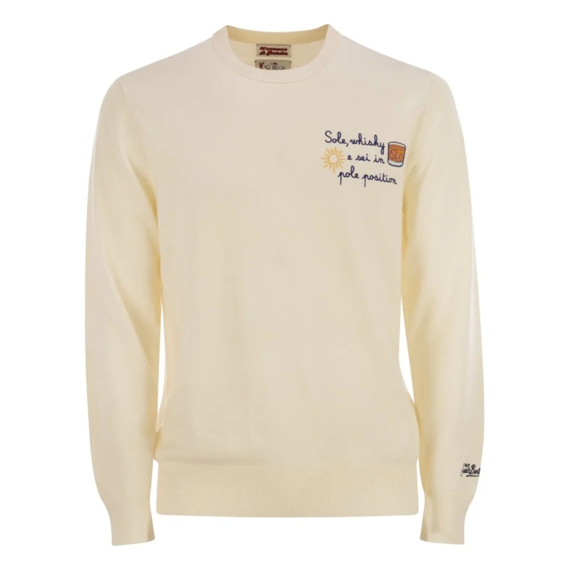 Mc2 Saint Barth Pullover Crew Neck Jumper With Subtle Embroidery Neutrals