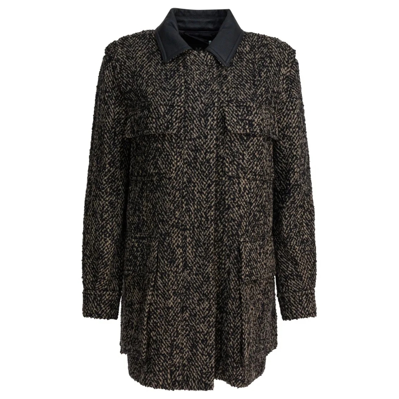Max Mara Übergangsjacke Textured Herringbone Wool Coat With Leather Collar Black