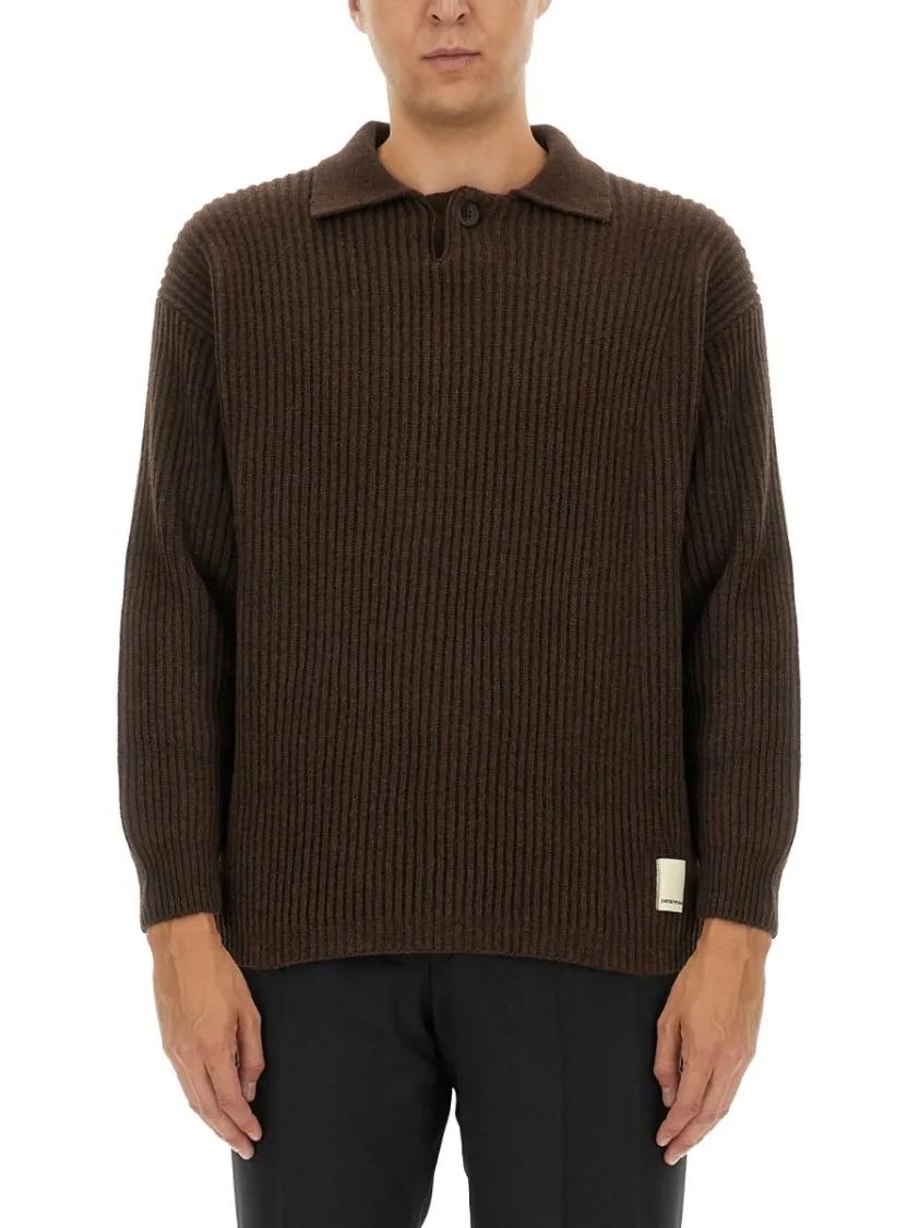 Thumbnail - Emporio Armani - Textured Ribbed Wool Jersey - Größe M - braun