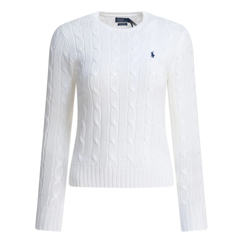 Polo Ralph Lauren Pullover Crew-Neck Cable-Knit Sweater With Logo White