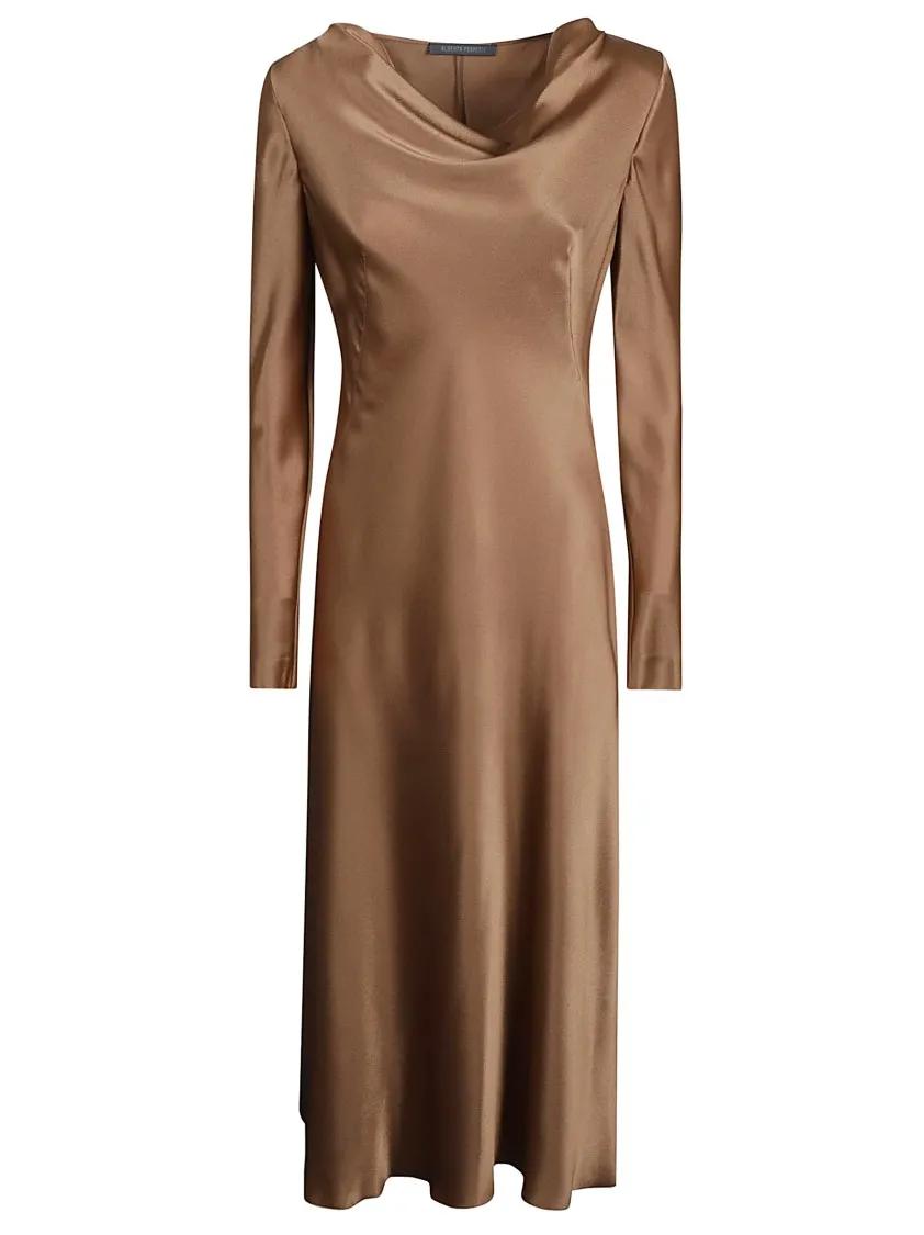 Alberta Ferretti - Gold-Tone Satin Finish Cowl Neck Dress With A-Line - Größe 42 - braun