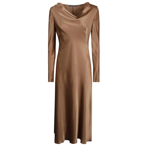 Alberta Ferretti Midi Jurken Gold-Tone Satin Finish Cowl Neck Dress With A-Line Brown