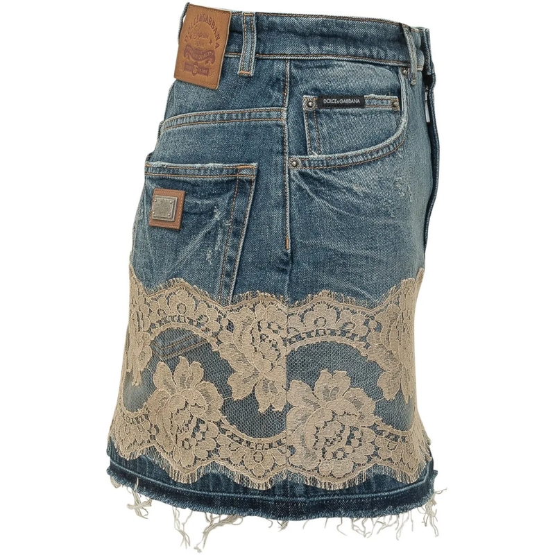 Dolce&Gabbana Minirock Gonna 5 Tasche in Denim con Inserto in Pizzo blau(Image 3)