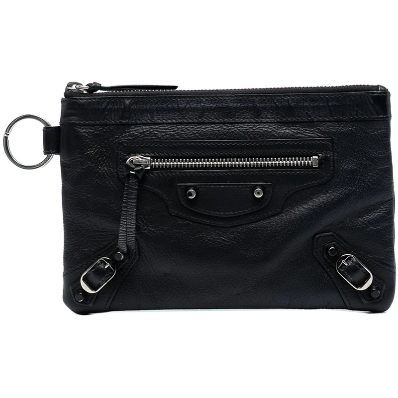 Balenciaga Necessaire Lambskin Motocross Classic Clip Zip Pouch schwarz