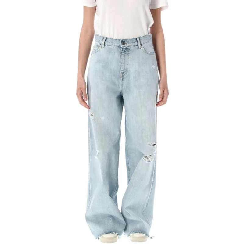 Golden Goose Jeans Relaxed Boyfriend Denim Pants With Distressed Fini Blue