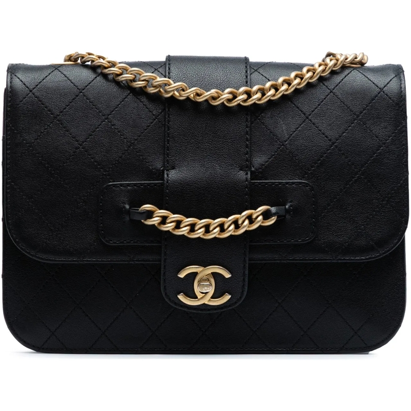 Chanel Sac à bandoulière Large Quilted Sheepskin Front Chain Flap schwarz