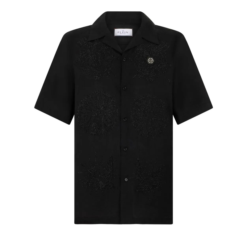Philipp Plein Hemd Embroidered Linen Bowling Shirt Tattoo Strass schwarz
