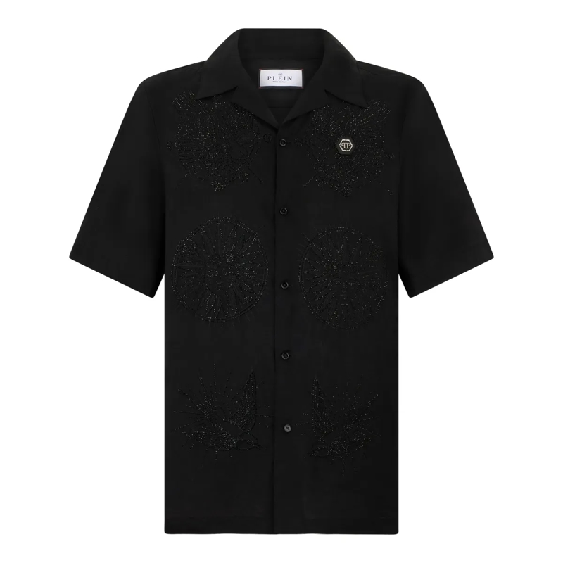 Philipp Plein Hemd Embroidered Linen Bowling Shirt Tattoo Strass schwarz