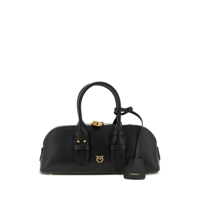Pinko Schultertasche Structured Black Leather Shoulder Bag With Gold Ac Black