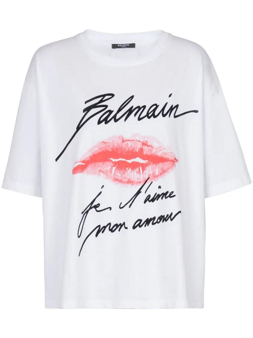 Thumbnail - Balmain - Kiss Print Oversized White T-Shirt With Script Log - Größe S - weiß