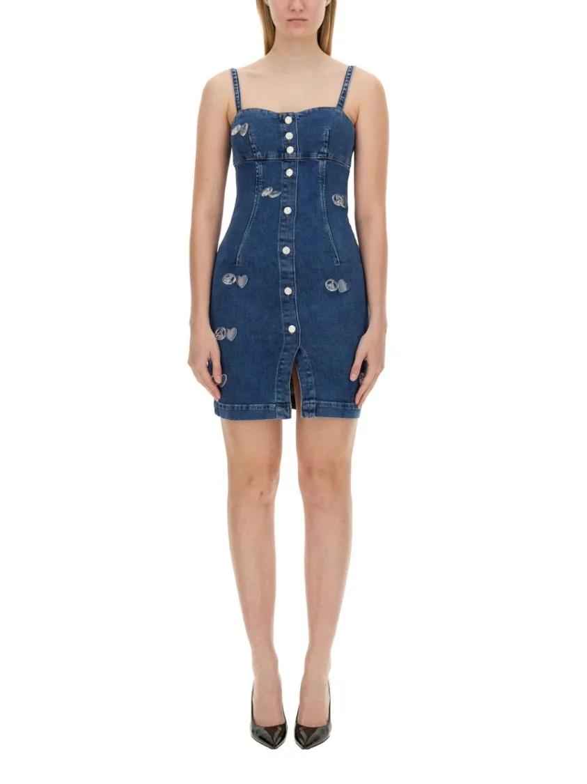 Thumbnail - Moschino - Fitted Denim Mini Dress With Sweetheart Neckline - Größe M - blau