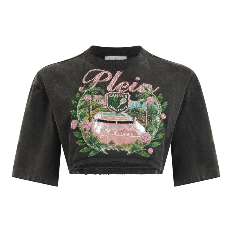 Philipp Plein T-Shirt Cropped T-Shirt Cannes Tennis Club schwarz