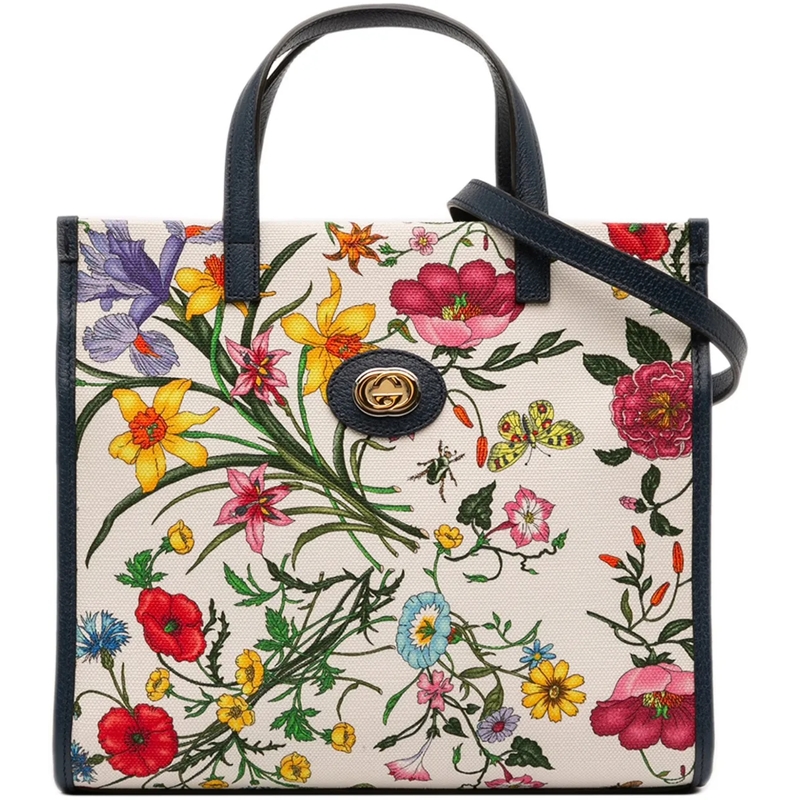 Gucci Schultertasche Medium Canvas Flora Satchel weiß