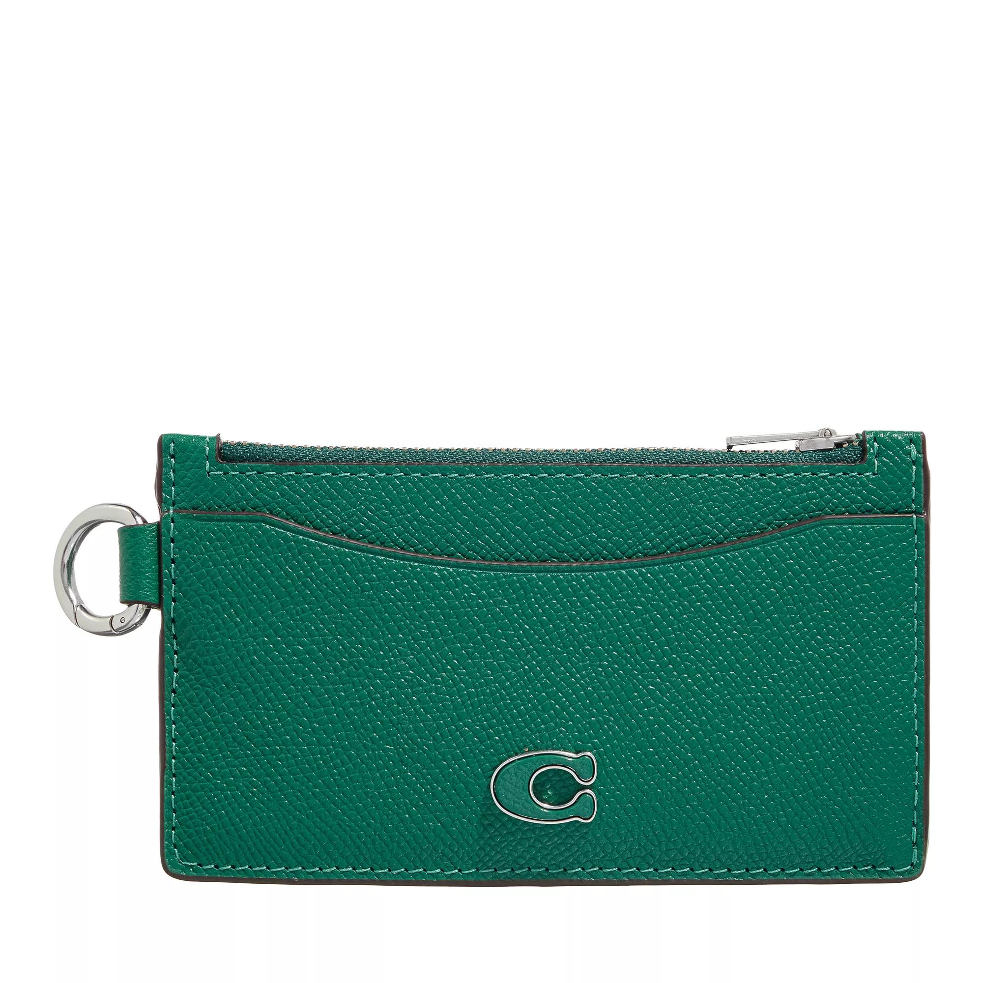 Check and Leather Zip Card Case in Olive Green - Women