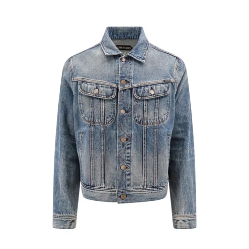 Tom Ford Denim Jacket With Suede Logo Tag Blue Jeans