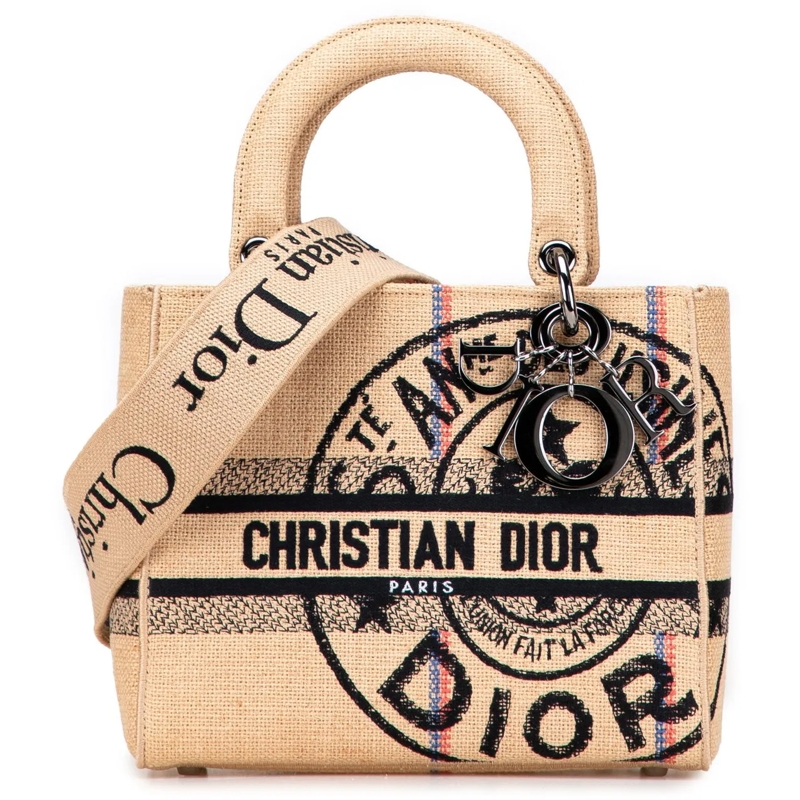 Christian Dior Schultertasche Medium Jute Embroidered Lady D Lite braun