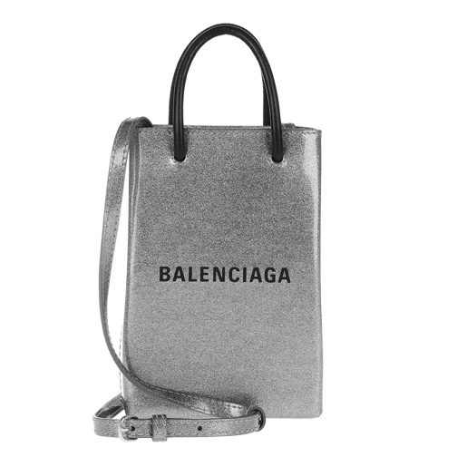 Balenciaga Logo Glitter Phone Holder Leather Silver Handytasche