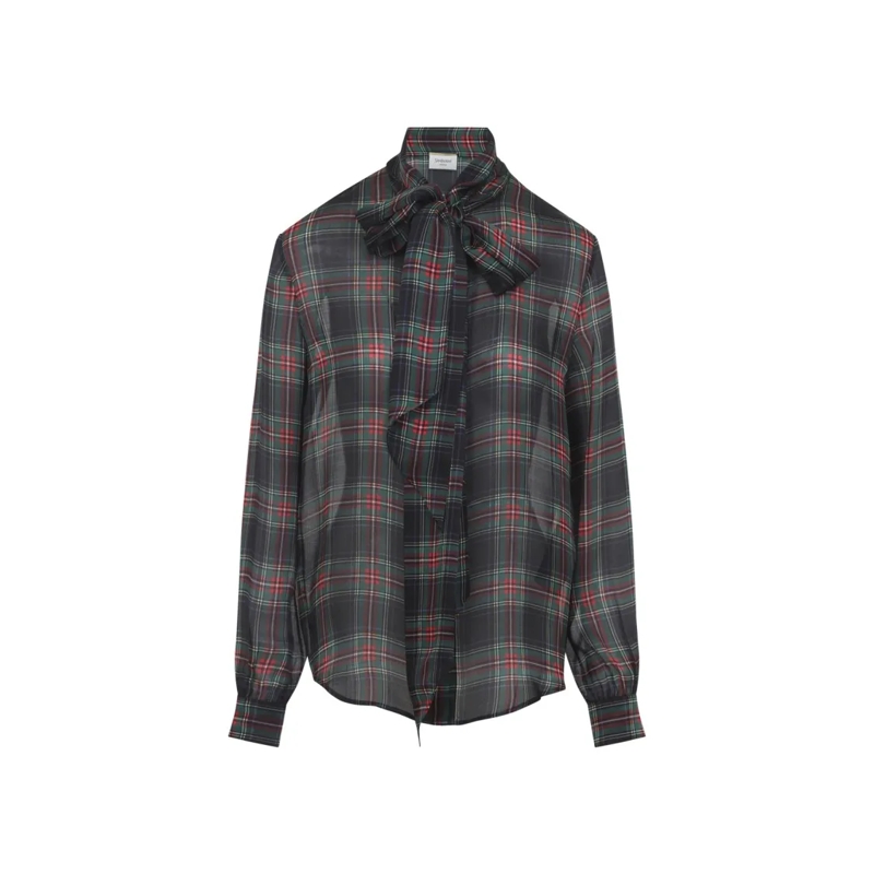 Saint Laurent Blouse Silk Plaid Blouse With High Neck Multicolor