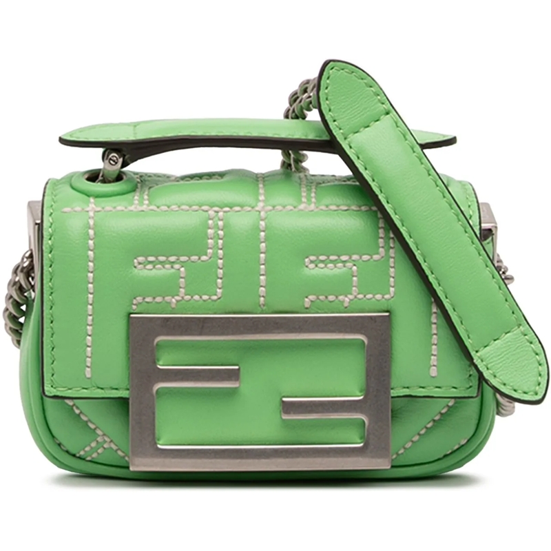 Fendi Schultertasche Nano Zucca Embossed Leather Baguette Charm grün