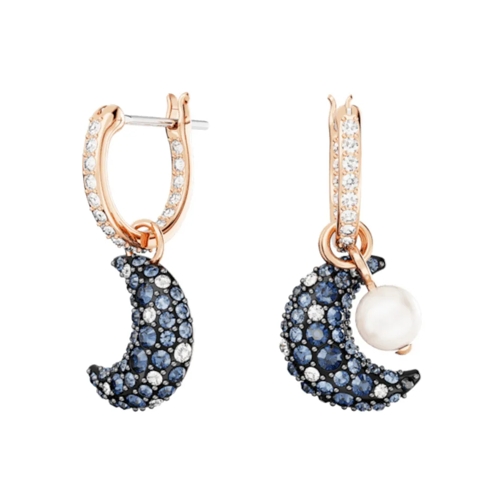 Swarovski Creole Luna drop earrings, Asymmetrical design, Moon, Rose Gold, Multicolored