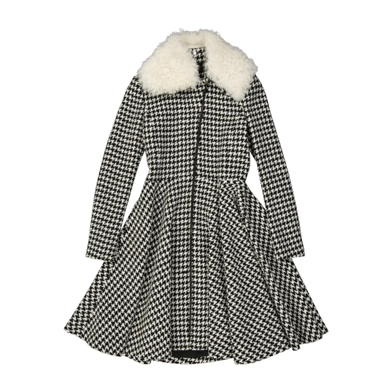 Giambattista Valli Overgangsmantel Houndstooth Flared Coat With Detachable Fur Collar Grey