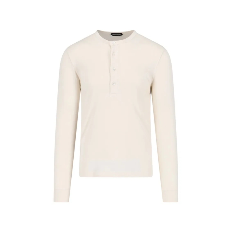 Tom Ford Langärmeliges Oberteil Ribbed White Henley Top With Buttoned Placket Neutrals