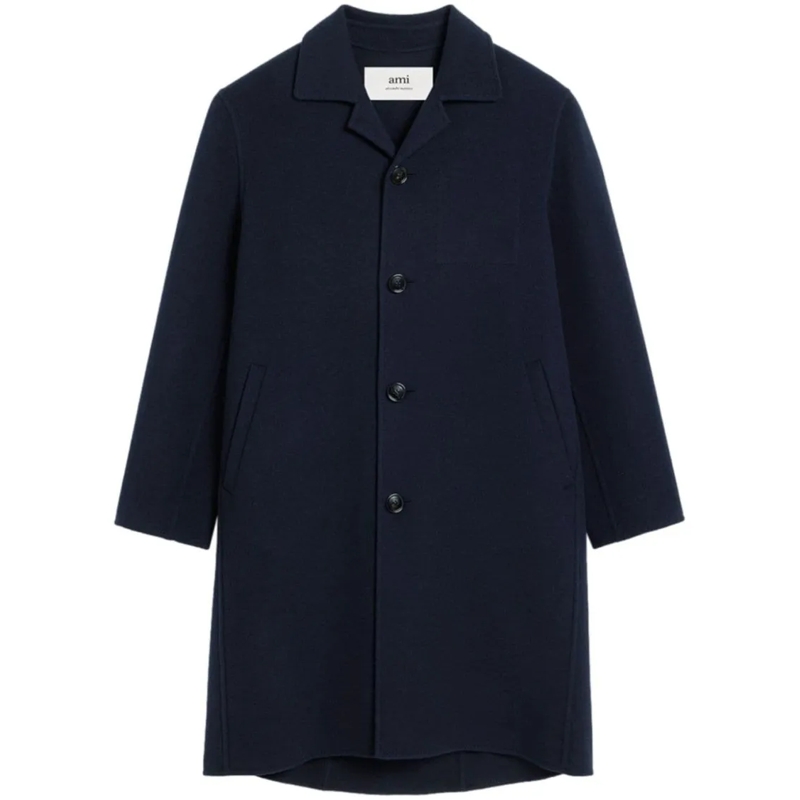 AMI Paris Bontjassen Navy Blue Wool-Cashmere Blend Coat Black