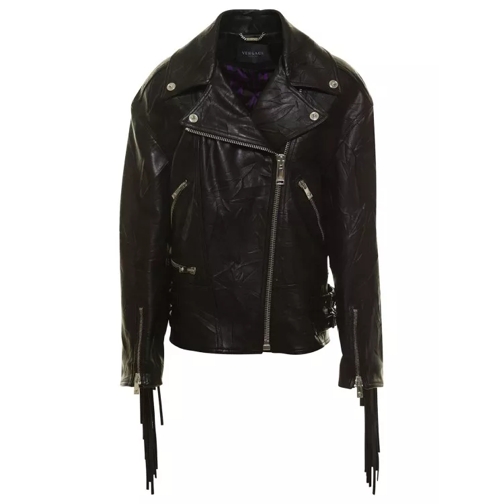 Versace Black Bker Jacket With Fringes In Leather Black Lederjacken