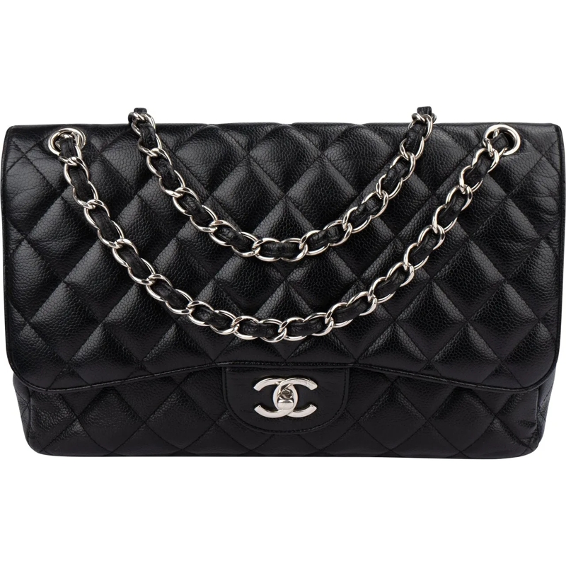 Chanel Schultertasche Chanel Quilted Caviar Leather Palladium Jumbo Doub schwarz