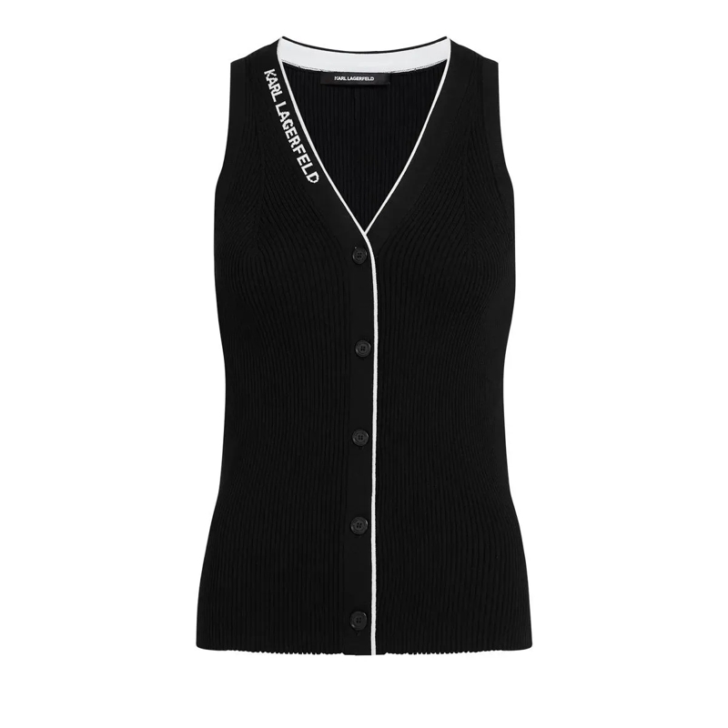 Karl Lagerfeld Gestricktes Oberteil Stricktop mit Logo und V-Ausschnitt Top schwarz