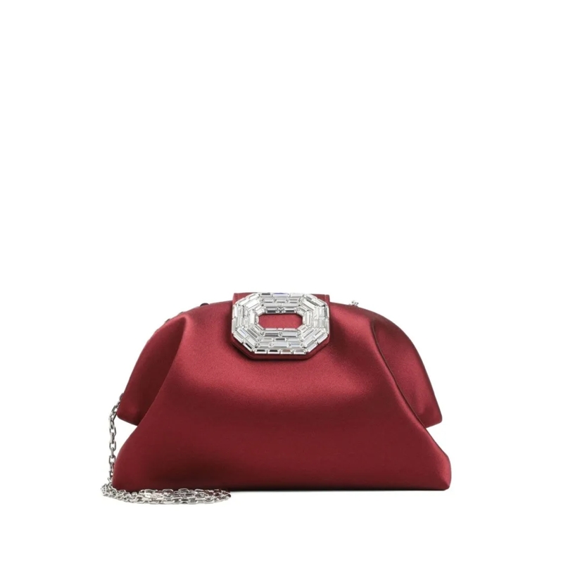 Amina Muaddi Clutch Bordeaux Satin Clutch With Mirrored Geometric Embe Red