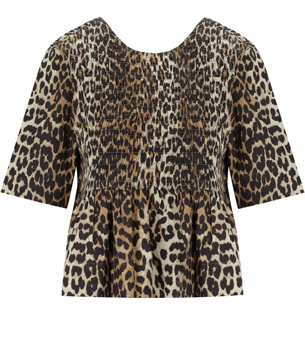 GANNI - GANNI SMOCK BLUSE MIT LEOPARD PRINT - Größe XS - braun