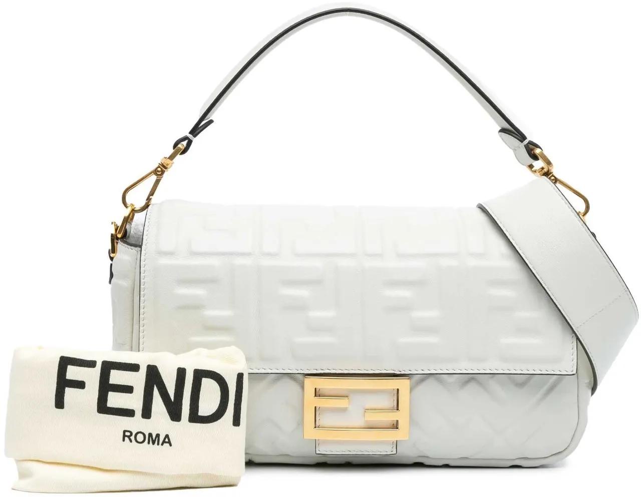 Fendi Hobo bags 2010-2024 Zucca Embossed Leather Baguette Satchel in wit