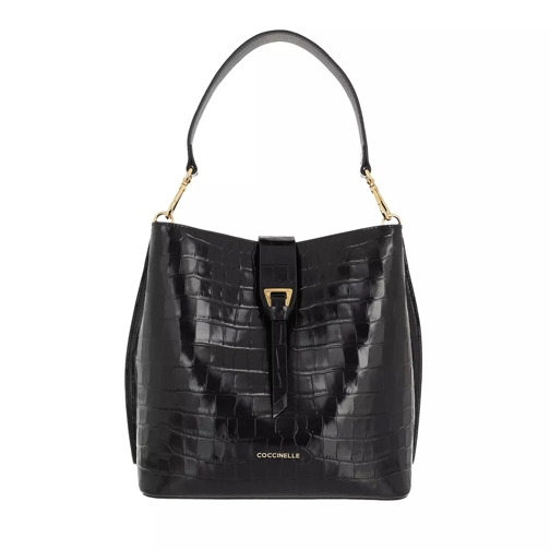 Coccinelle Alba Croco Shiny Soft Handbag Noir Bucket Bag