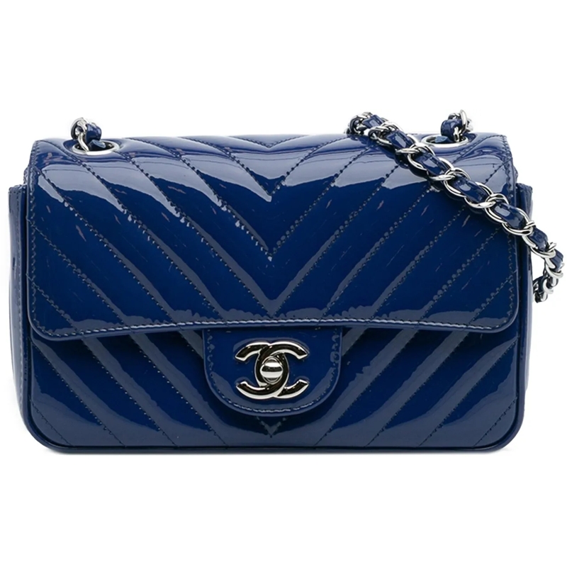 Chanel Sac à bandoulière Mini Rectangular Classic Chevron Patent Single Fla blau
