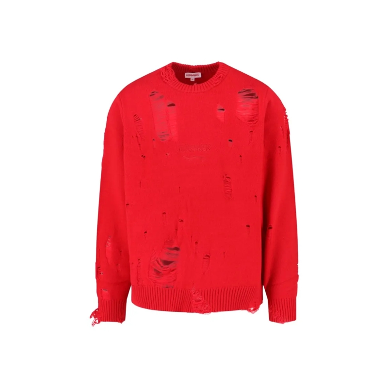 CHARLES JEFFREY LOVER BOY Pull Distressed Red Wool Blend Sweater With Ribbed Fini Red