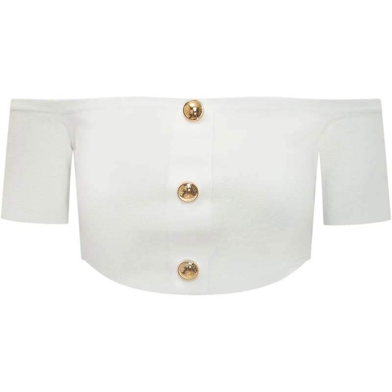Elisabetta Franchi T-Shirt Top Tricot con Spalle Scoperte e Bottoni weiß