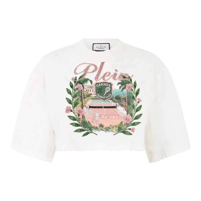 Philipp Plein T-Shirt Cropped T-Shirt Cannes Tennis Club weiss