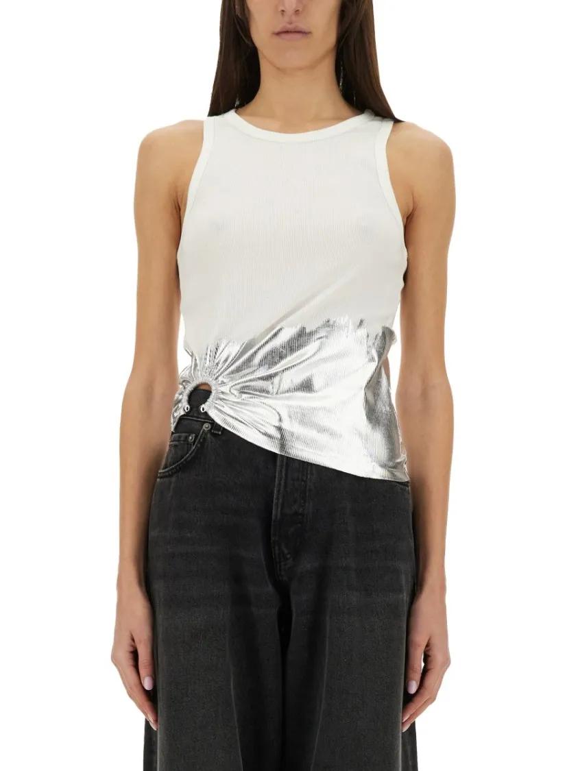 Thumbnail - Paco Rabanne - Ribbed Top With Striking Silver Piercing Applique - Größe L - weiß